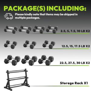 Hex Dumbbell Sets with Rack, 290-840 lb Rubber Encased Exercise & Fitness Dumbbells Set, Hand Weight for Strength Training, Weight Dumbbells