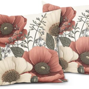 Vintage Flower Pillow Covers 18×18 Inch Rustic Floral Botanical Pattern Throw Pillow Covers Set of 2 Farmhouse Pillowcases Cotton Linen Cushion Covers for Couch Bed Sofa Chair Indoor Outdoor Decor