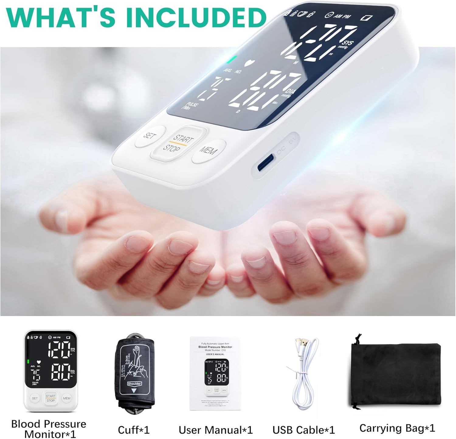 Blood Pressure Monitor Upper Arm Monitors for Home Use BP Machine with 2x120 Reading Memory Adjustable Arm Cuff 8.7"-15.7" Large Display with LED Background Light Storage Bag White - Image 7
