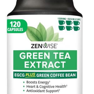 Zenwise Health Green Tea Extract Capsules for Men & Women – EGCG Supplement with Green Coffee Bean Extract Boosts Energy & Memory – Immune Support for Skin, Brain & Hearth Health – Vegan – 120 Count