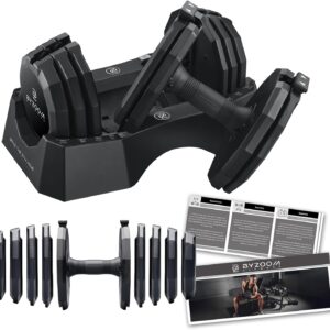 BYZOOM FITNESS Classic Series 50/55LB Adjustable Dumbbell Pair Set of 2 OR Single Unit (Check qty before purchase), 5-in-1 OR 15-in-1 Patented Secure System, Solid Cast Iron Core, Iconic 12-Sided Polygonal Anti-Roll Base, Professional Heavy Weight for Men and Women, Black