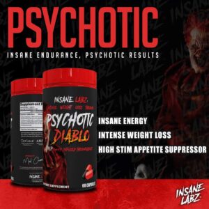Insane Labz Psychotic Diablo Thermogenic Fat Burner for Men and Women with Grains of Paradise Theobromine Dandelion Root Extract Fueled by AMPiberry, Appetite Suppressant – 60 Servings
