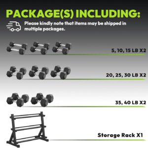 Hex Dumbbell Sets with Rack, 290-840 lb Rubber Encased Exercise & Fitness Dumbbells Set, Hand Weight for Strength Training, Weight Dumbbells