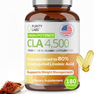 Purity Labs CLA Supplements 4500MG – Non-GMO Safflower Oil – Supports Energy, Weight Loss, Heart Health, and Muscle Health – 180 Soft gels