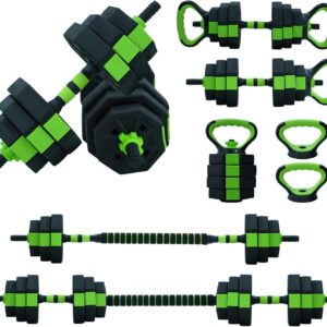 Adjustable Dumbbell Set, 30/44/66/88Lbs Free Weight Set with Connector, 4 In1 Dumbbells Set Used As Barbell, Kettlebells, Push Up Stand,Green and Black