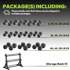 Hex Dumbbell Sets with Rack, 290-840 lb Rubber Encased Exercise & Fitness Dumbbells Set, Hand Weight for Strength Training, Weight Dumbbells