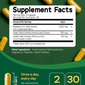 Berberine HCL 1200mg & Japanese Green Tea Extract 150mg – Berberine Supplement for Metabolic Support with Apple Cider Vinegar & Goldenseal, Body Composition, Digestive & Immune Support, 60 Capsules