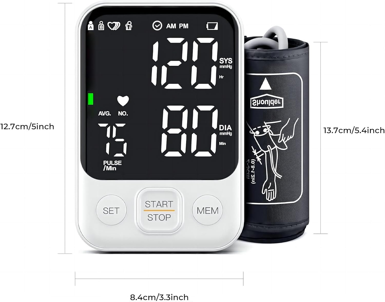 Blood Pressure Monitor Upper Arm Monitors for Home Use BP Machine with 2x120 Reading Memory Adjustable Arm Cuff 8.7"-15.7" Large Display with LED Background Light Storage Bag White - Image 8