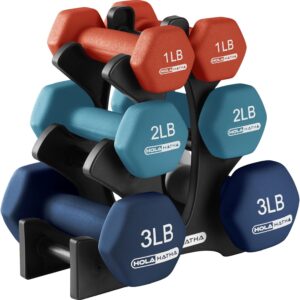 HolaHatha Neoprene Dumbbell Weights Set w/Rack, Home Gym Equipment – Portable Weighted Exercise Dumbbells for Fitness, Training, and Lifting Workouts