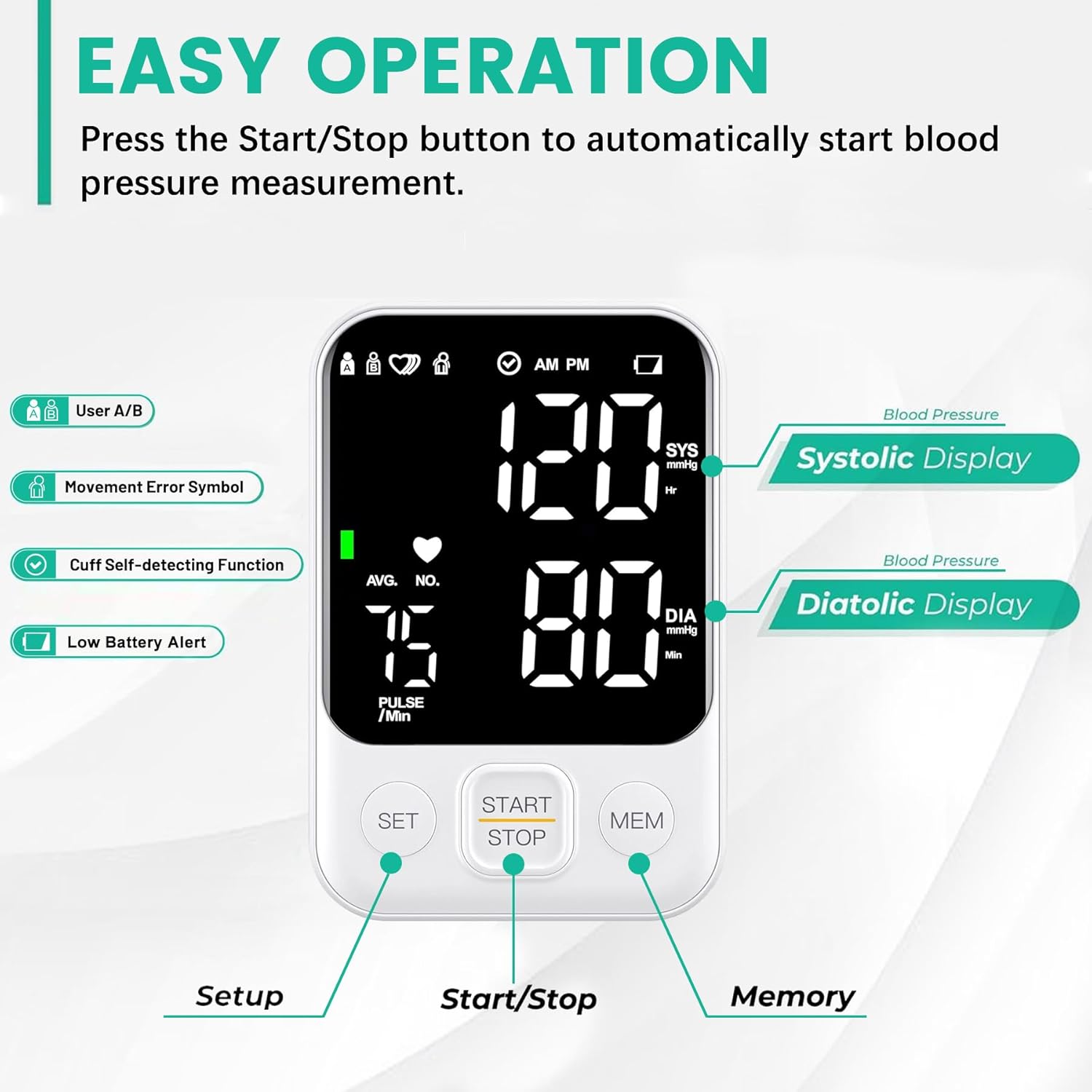 Blood Pressure Monitor Upper Arm Monitors for Home Use BP Machine with 2x120 Reading Memory Adjustable Arm Cuff 8.7"-15.7" Large Display with LED Background Light Storage Bag White - Image 3