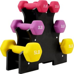 Fitvids Set of 2 Neoprene Dumbbell Hand Weights, Anti-Slip, Anti-roll, Hex Shape Colorful (Set with Rack: 20-Pound, 3 Pairs)