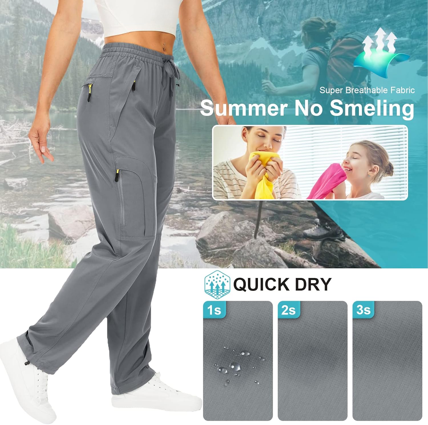Womens Hiking Pants Quick Dry UPF 50 Lightweight Travel Golf Cargo Safari Pants Zipper Pockets - Image 3