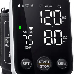 Oklar Blood Pressure Monitor Upper Arm Monitors for Home Use BP Machine Sphygmomanometer with 2×120 Reading Memory Adjustable Arm Cuff 8.7″-15.7″ Large Display with LED Background Light Storage Bag
