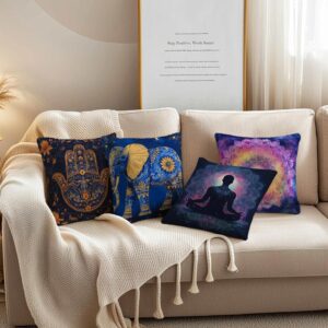 Boho Throw Pillow Covers 18×18 Set of 4 | Mandala Spiritual Cushion Cases | Elephant Hamsa Hand Yoga Pillowcases | Galaxy Decorative Covers for Couch Sofa Living Room Bedroom Home Decor