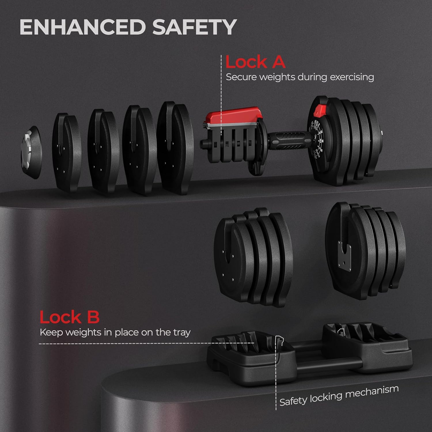 Yaheetech Adjustable Dumbbell Set Free Weight Dumbbells 40lbs/52.5lbs/90lbs Fast Adjust Dumbbells Dumbbell Weight Set, with Tray for Men/Women Strength Training Equipment - Image 4
