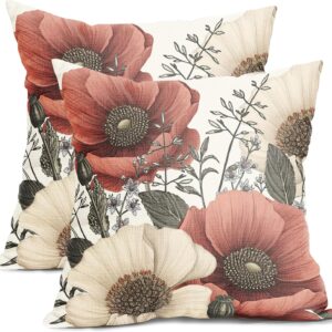 Vintage Flower Pillow Covers 18×18 Inch Rustic Floral Botanical Pattern Throw Pillow Covers Set of 2 Farmhouse Pillowcases Cotton Linen Cushion Covers for Couch Bed Sofa Chair Indoor Outdoor Decor