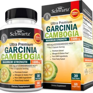 Garcinia Cambogia Weight Loss Pills – Maximum Strength Appetite Suppressant & Fat Burner for Men & Women – 1600mg Natural Extract & 960mg HCA – Metabolism Booster & Carb Blocker Capsules – 60Ct