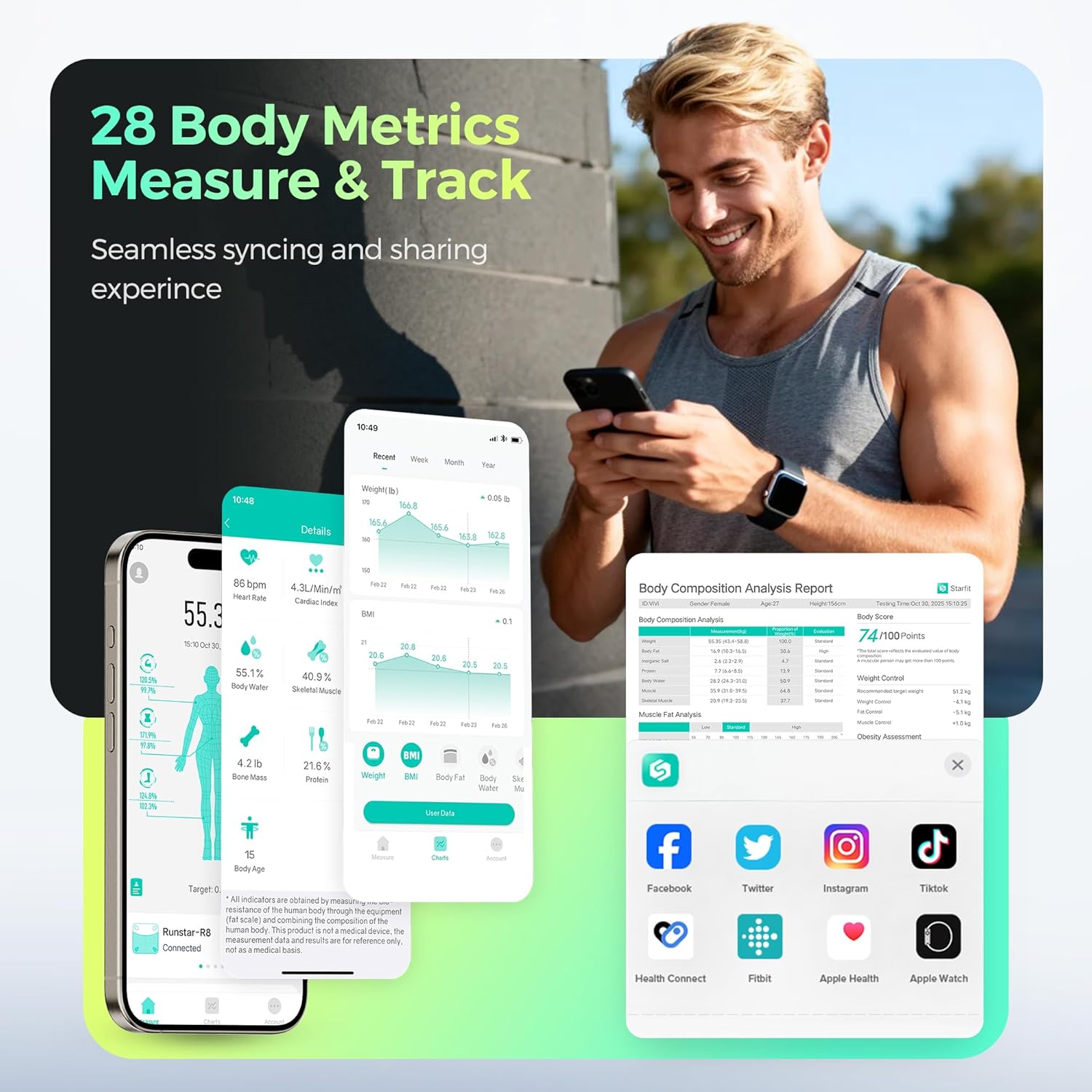RunStar Smart Scale for Body Weight, 8 Electrodes High Precision Digital Bathroom Scale with Set Functions Handle, Body Composition Scale for 28 Metrics 400lbs, Blue-Black - Image 6