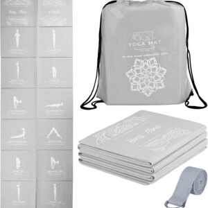 Foldable Yoga Mat for Women, Non Slip Exercise Mat for Home Gym, 5mm Travel Yoga Mats Set With Stretch Strap for Yoga Pilates and Fitness, 68″L x 24″W x 0.2 Inch Thick