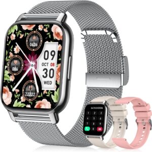 Smart Watch for Women(3 Bands), Smartwatch Fitness Tracker with Bluetooth Calls & AI Voice Control, 1.85’’ HD Screen, Heart Rate/SpO2 Monitor, Sleep Tracker, Compatible with Android iOS (Silver)