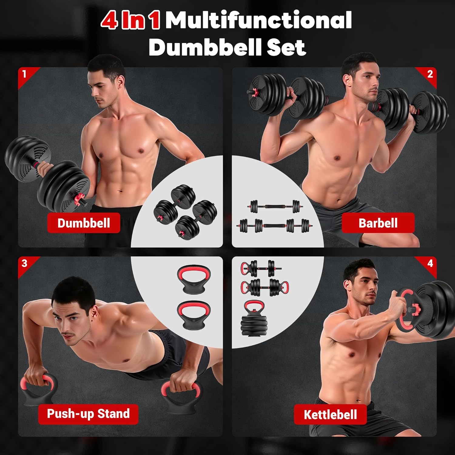 Adjustable Dumbbells, 55/77LBS Free Weight Set, 4 in 1 Dumbbell Set Used as Barbell, Kellebell, Push Up Stand, Fitness Exercise for Home Gym Suitable Men/Women - Image 2