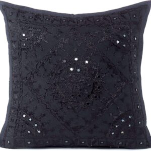 Eyes of India Embroidered Decorative Boho Throw Pillow Cover with Mirrors, Handmade Bohemian Accent Cushion Case for Sofa Couch Bedroom Living Room (Black, 16″ x 16″)
