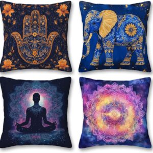 Boho Throw Pillow Covers 18×18 Set of 4 | Mandala Spiritual Cushion Cases | Elephant Hamsa Hand Yoga Pillowcases | Galaxy Decorative Covers for Couch Sofa Living Room Bedroom Home Decor