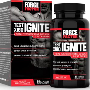 Force Factor Test X180 Ignite Total Testosterone Booster for Men with Fenugreek Seed and Green Tea Extract to Build Lean Muscle, Boost Energy, and Improve Performance, 60 Count