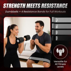 20Lbs Adjustable Dumbbell Set with Resistance Bands for Working Out – 2-Pcs Weights Dumbbells Set with 4-Pcs Stretch Bands for Exercise – Quick Adjustment – Comfortable Grip