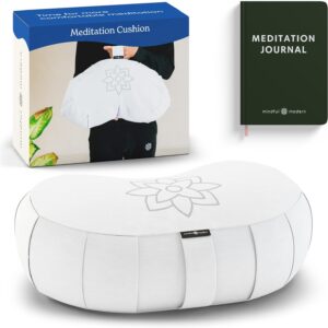 Mindful & Modern Large Meditation Cushion | Zafu Yoga Bolster Meditation Floor Pillow Seat | Buckwheat Hull Filled Crescent Shaped Cushion with Removable Washable Cover + Carry Handle | White