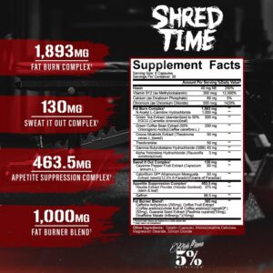 5% Nutrition Shred Time Fat Burner | Green Tea, Coffee Bean, Cayenne, Theobromine, GBB | Appetite Suppression | 30 Servings (180 Capsules)