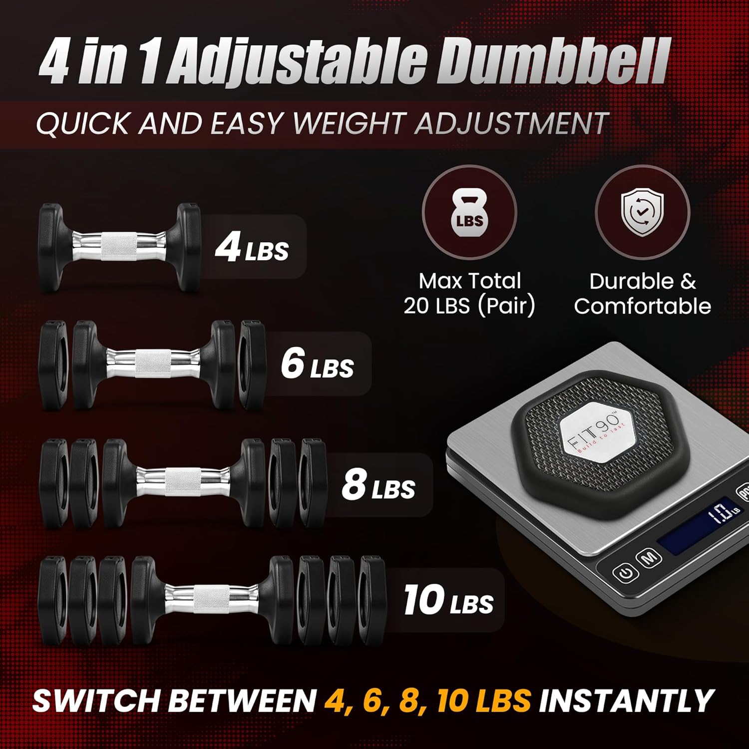 20Lbs Adjustable Dumbbell Set with Resistance Bands for Working Out – 2-Pcs Weights Dumbbells Set with 4-Pcs Stretch Bands for Exercise – Quick Adjustment – Comfortable Grip - Image 7