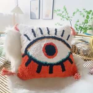 Evil Eye Woven Tufted Throw Pillow Cover,Red White with Tassels Decorative Pillowcase,Cozy Cushion Cover for Bedroom Living Room Couch,Regalo para Navidad,18×18 Inches