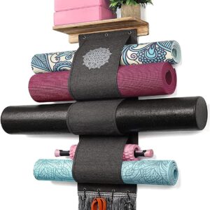 VINAEMO Yoga Mat Holder Accessories Wall Mount Organizer Storage Decor Foam Roller and Towel Storage Rack with 4 Hooks and Wooden Shelves Yoga Mats Rack Resistance Bands for Home Gym School Office