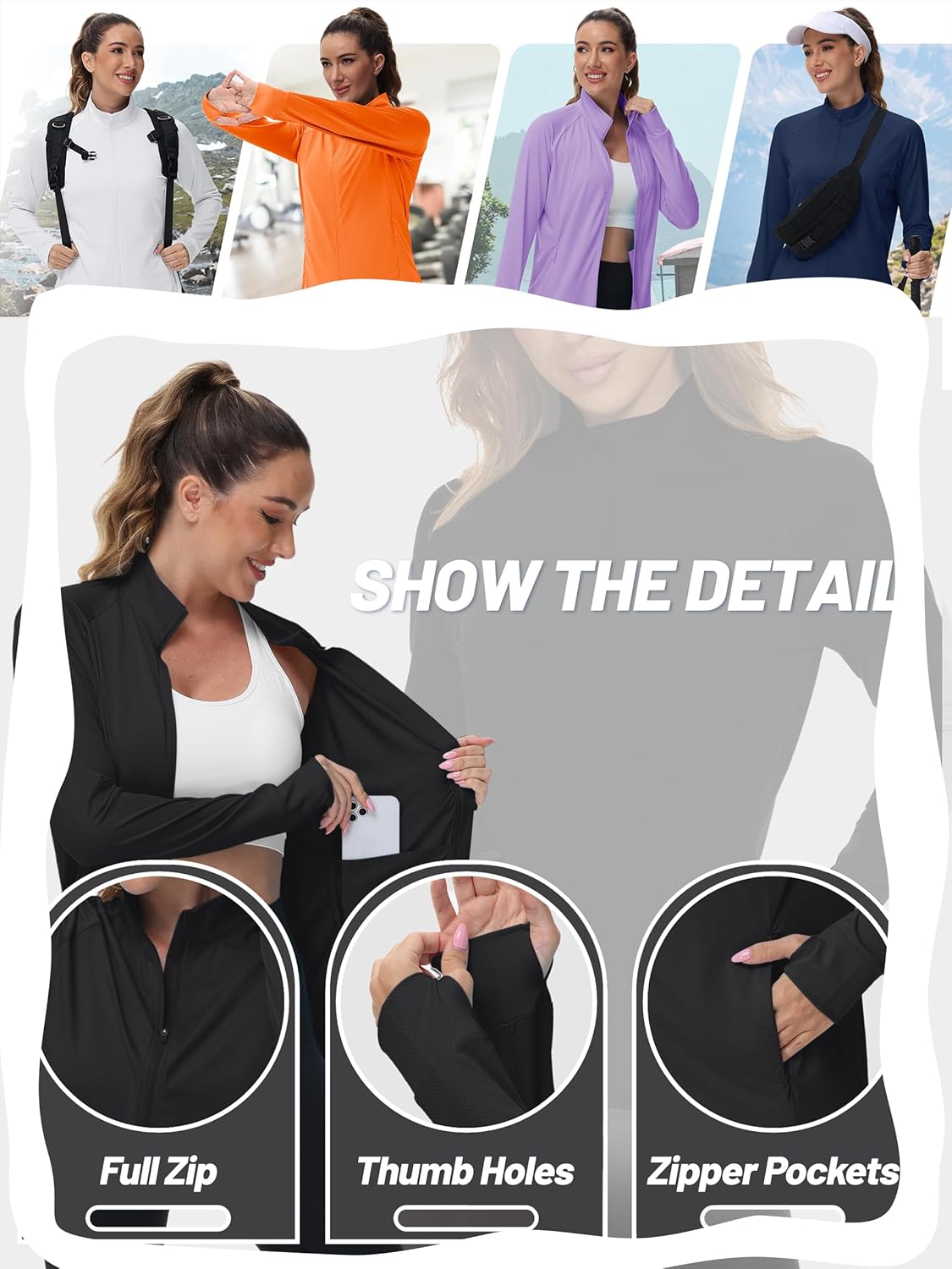 TACVASEN Women's Athletic Jackets Lightweight UV Protection Shirts Full Zip Workout Jacket UPF 50+ Long Sleeve Sun Shirt - Image 2