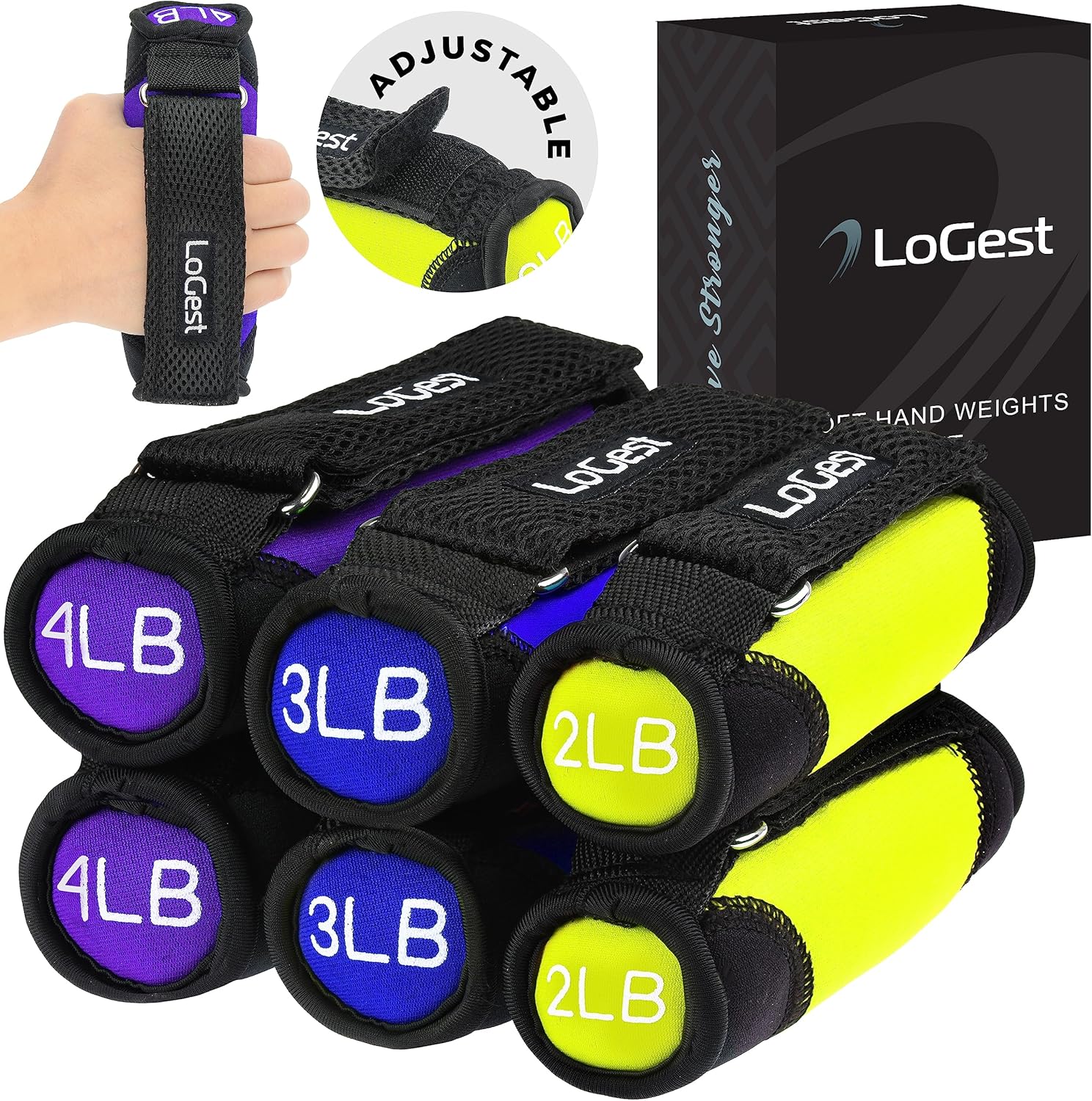 Logest Soft Hand Weights - Adjustable Neoprene Dumbbells (1LB, 2LB, 3LB, 4LB) - Red, Yellow, Blue, Purple - Velcro Straps - Weight Training, Walking, Jogging, Aerobics, Yoga