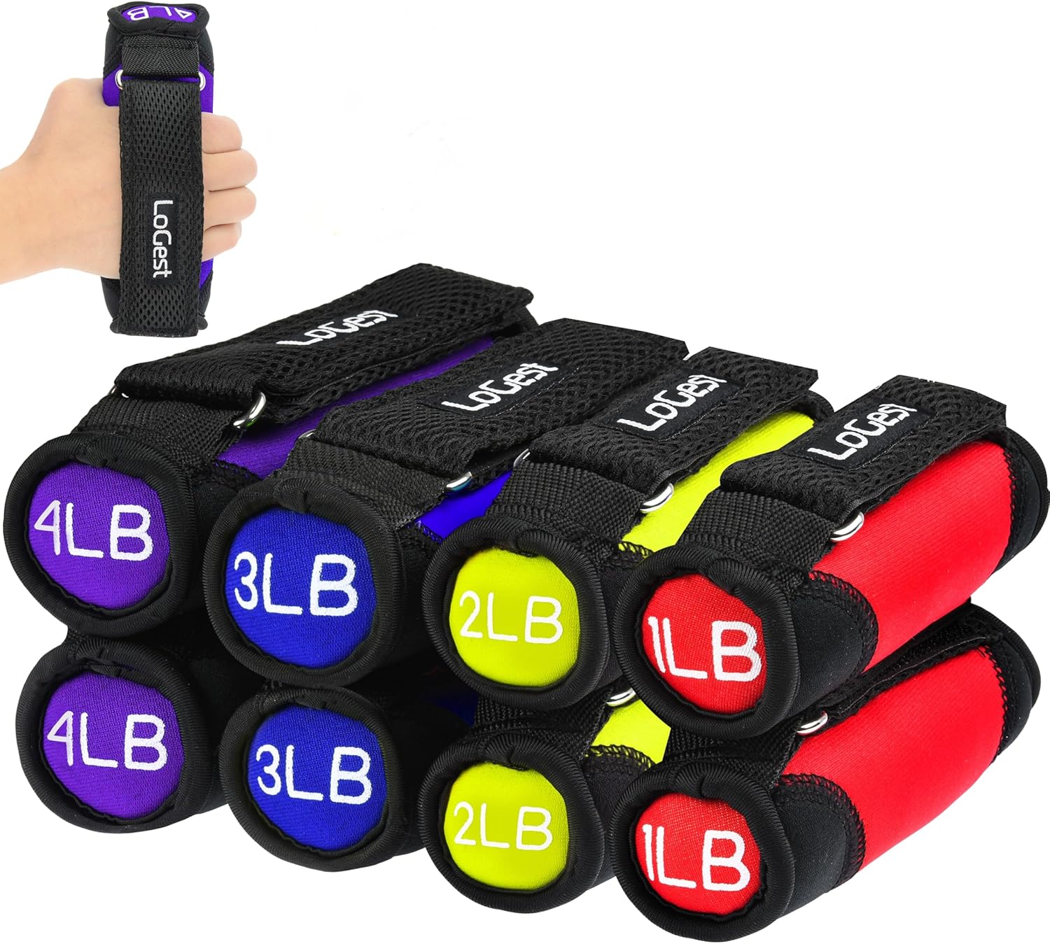 Logest Soft Hand Weights - Adjustable Neoprene Dumbbells (1LB, 2LB, 3LB, 4LB) - Red, Yellow, Blue, Purple - Velcro Straps - Weight Training, Walking, Jogging, Aerobics, Yoga