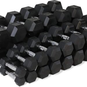 WF Athletic Supply Rubber Coated Hex Dumbbell Set, Multiple Choices Available – Dumbbells with Rack Stand and Mat, or Dumbbells Only (200/550/1200/2100/3000 LB)