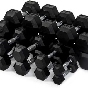 Titan Fitness Rubber Hex Dumbbells, 5 LB-50 LB Set of Pairs, Roll-Resistant Hexagonal Free Weights, Hex Dumbbell Set with Chrome-Coated Handles, Free Weight Set, Strength Training Equipment
