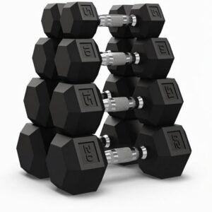 Adjustable Hex Dumbbell Set – Rubber Encased Cast Iron Weights – Non-Slip Textured Grip – Anti-Roll Design – Strength Training Hand Weights for Home Gym, Men & Women – 5-50 LB Range – Black