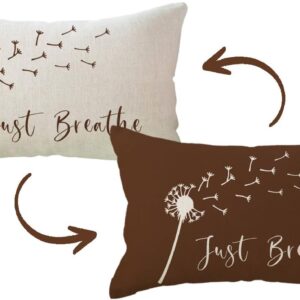 ULOVE LOVE YOURSELF Dandelion Throw Pillow Cover with Just Breathe Quote 12″ x 20″ Farmhouse Rustic Lumbar Pillow Covers Inspirational Cushion Covers Meditation Gifts (Brown)