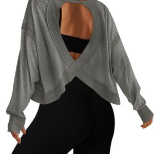 UNIANKIYA Open Back Workout Tops for Women Long Sleeve Cropped Athletic Clothes Gym Running Yoga Low Impact Sports T Shirts