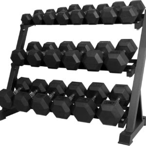 RITFIT Rubber Hex Dumbbells Set with Rack, 180-780LB Heavy-Duty Cast Iron Core, Knurled Chrome Handle, Space-Saving Storage Rack for Home Gym Strength Training