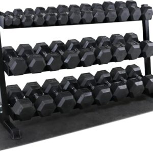 WF Athletic Supply Rubber Coated Hex Dumbbell Set, Multiple Choices Available – Dumbbells with Rack Stand and Mat, or Dumbbells Only (200/550/1200/2100/3000 LB)