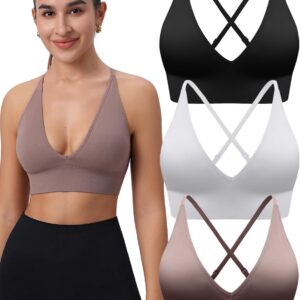 Evercute Women’s Sports Bras 3/4 Pack Adjustable Deep V Neck Bras Wireless Spaghetti Strap Criss Cross Padded Low Support Bra