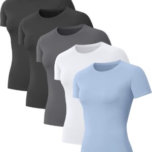 5-Pack Women’s Compression Shirts Short Sleeve Workout Tops Athletic Baselayer Quick Dry Gym Yoga Running T-Shirt