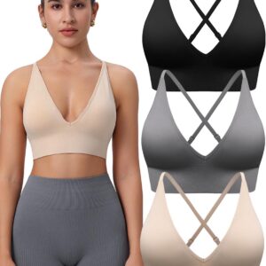 Evercute Women’s Sports Bras 3/4 Pack Adjustable Deep V Neck Bras Wireless Spaghetti Strap Criss Cross Padded Low Support Bra