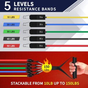 WHATAFIT Resistance Bands, Exercise Bands, Workout Bands with Handles, Door Anchor and Ankle Straps, 5 Resistance Levels Fitness Bands for Strength Training, Physical Therapy, and Home Gym Equipment