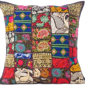 Eyes of India Decorative Patchwork Boho Throw Pillow Cover, Colorful Bohemian Cushion Case for Sofa Couch, Handmade Accent Bedroom Living Room (Black, 20″ x 20″)