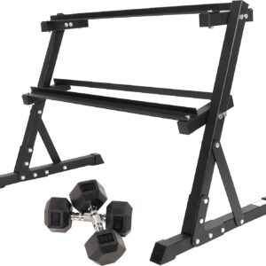 Signature Fitness Fitvids Rubber Encased Hex Dumbbell – 25LB Pair with 2-Tier Rack – 25LB Pair with 2T-Rack, Bundle – Black